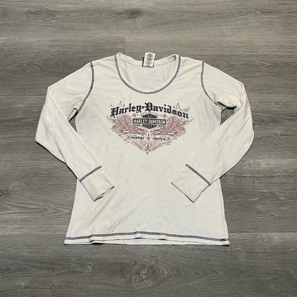 Vintage Harley Davidson women's rhinestone pink/ white thermal longsleeve